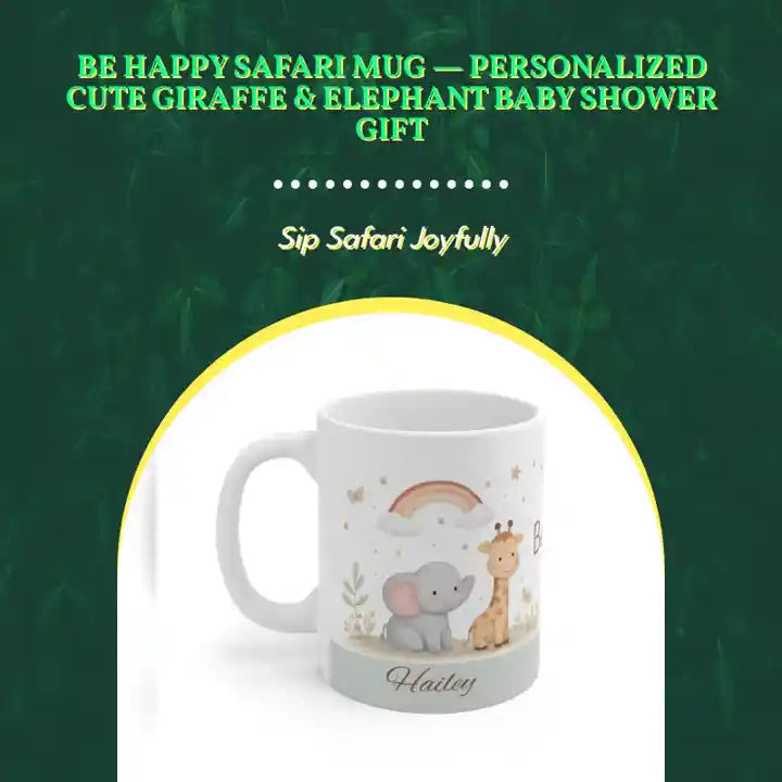 Be Happy Safari Mug &mdash; Personalized Cute Giraffe &amp; Elephant Baby Shower Gift by@Outfy