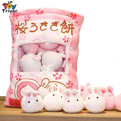 Bunny pillow plush pouch showing multiple bunny plush inside with pink floral design