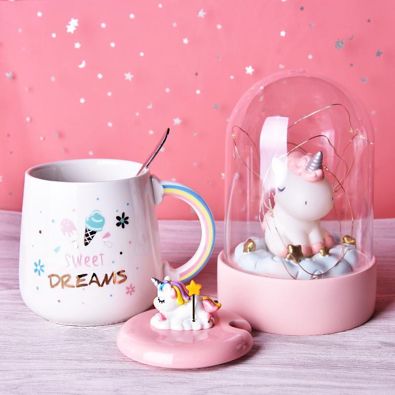 Unicorn mug with pink lid and spoon, white cup with rainbow handle and sweet dreams design