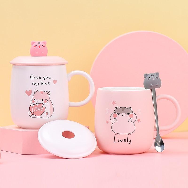 Pink hamster-themed ceramic mug with lid, front love-heart design, matching handle