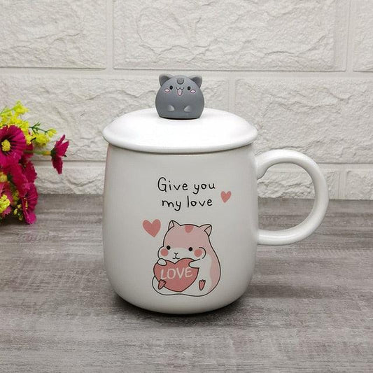 White hamster-themed ceramic mug with lid, “Give you my love” text and heart graphic
