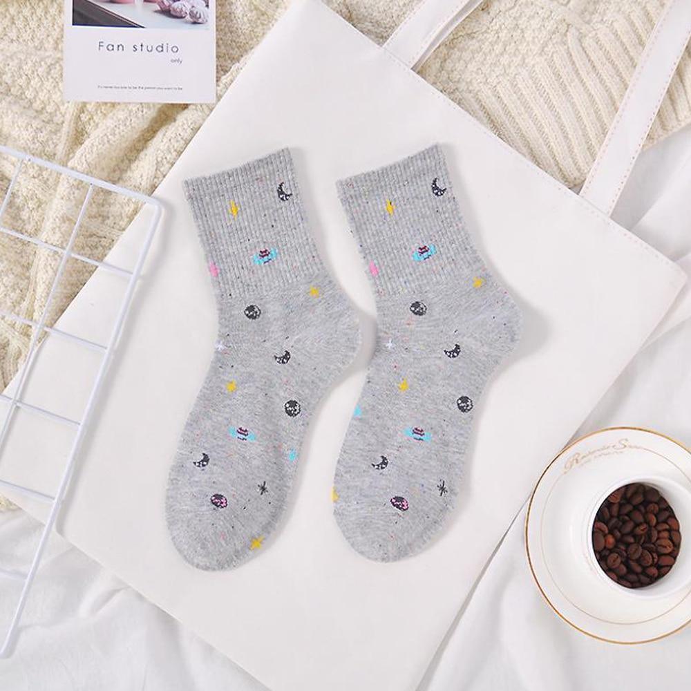 Grey ribbed crew socks with pastel planet, moon, and star galaxy print