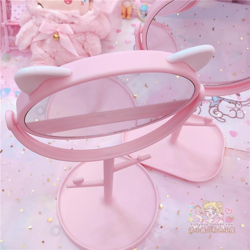 Cat-ear vanity makeup mirror stand with two round mirrors and pink tray base