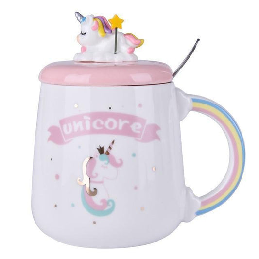 Unicorn mug with pink lid and spoon, white cup with rainbow handle and unicore graphic