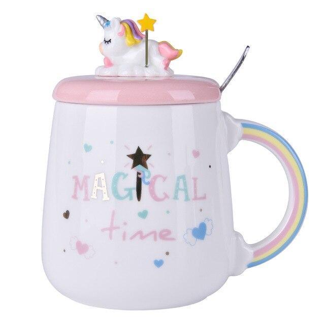 Unicorn mug with pink lid and spoon, white cup with rainbow handle and magical time design