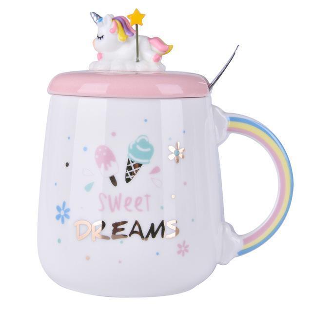 Unicorn mug with pink lid and spoon, white cup with rainbow handle and sweet dreams print