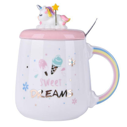 Unicorn mug with pink lid and spoon, white cup with rainbow handle and sweet dreams print