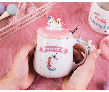 Unicorn mug with pink lid and spoon, white cup with rainbow handle and unicore artwork