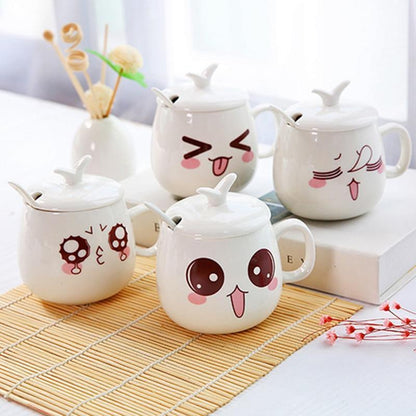 Set of ceramic mugs with lids, white finish, animal face illustrations on each