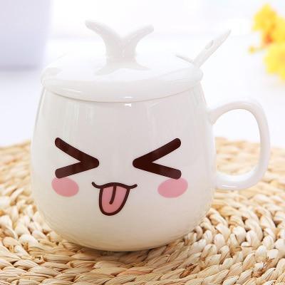 Ceramic mug with lid, white finish, angry wink face with curled eyebrows and rosy cheeks