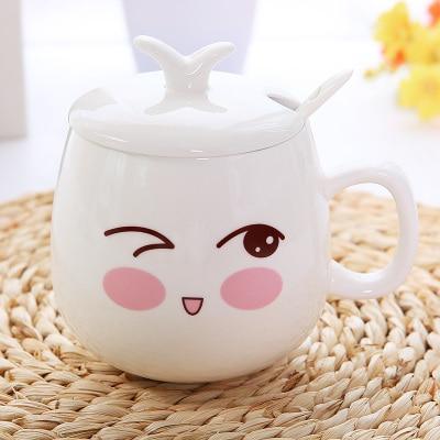 Ceramic mug with lid, white finish, cute half-lidded face with rosy cheeks and small nose