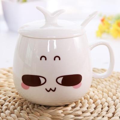White ceramic face mug with lid, closed sleepy eyes, and small smiling mouth