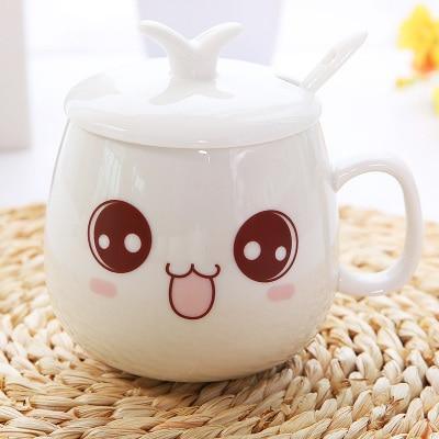 White ceramic face mug with lid, cute cat whiskers, and big round eyes