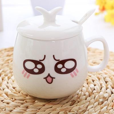 Ceramic mug with lid, white finish, wide eye face with blush cheeks and tiny nose