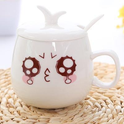 White ceramic face mug with lid, patterned eyebrows and round eye dots