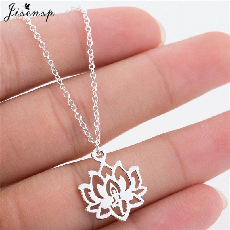 Lotus flower pendant necklace with silver chain and lotus-shaped medallion