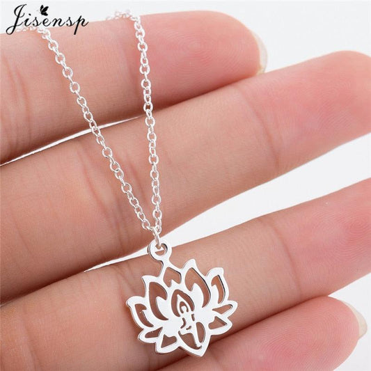 Lotus flower pendant necklace with silver chain and lotus-shaped medallion