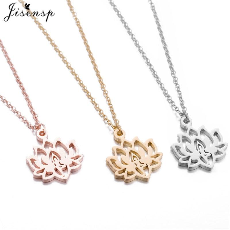Lotus flower pendant necklace in three tones: rose, gold, and silver with lotus pendants