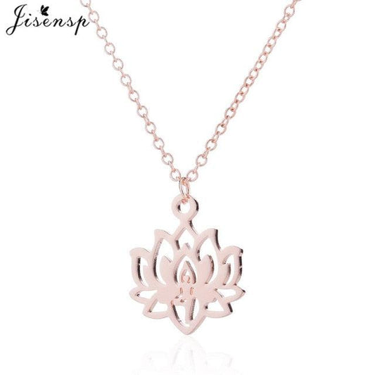 Lotus flower pendant necklace with rose gold chain and rose-toned lotus medallion