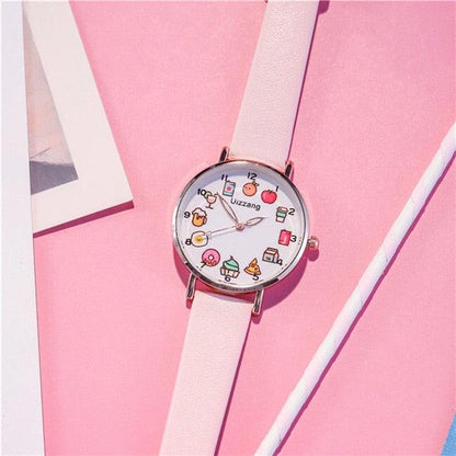 White strap wristwatch with round silver case and colorful food-themed dial