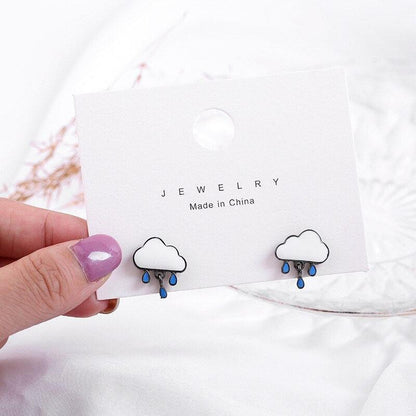 Cloud-and-rain stud earrings card display, white clouds with blue raindrops