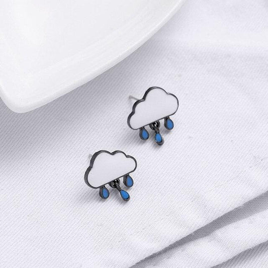 Pair of cloud-and-rain stud earrings, white clouds with blue raindrops