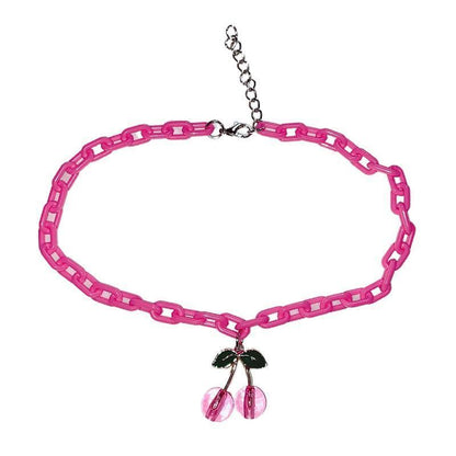 Pink chain necklace with clasp and three cherry charms, black leaf detail, silver-tone chain