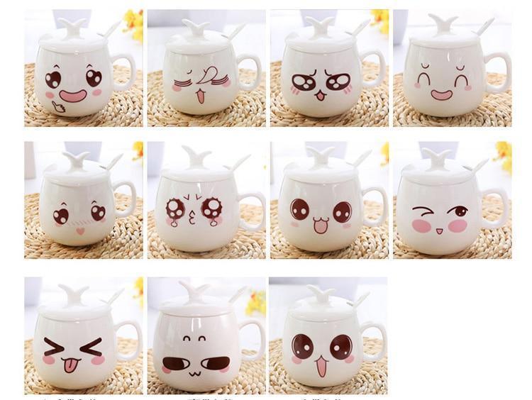 Collage of ceramic mug designs, white lids with various cute face illustrations