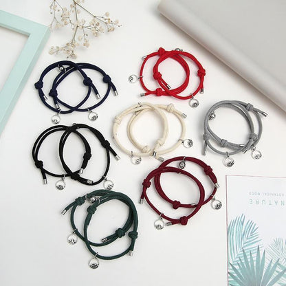 Magnetic attraction bracelet set, mixed braided cords with silver tube ends and small charm discs