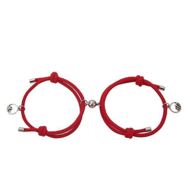 Magnetic attraction bracelet set, red braided cord bracelets with silver round heart charms