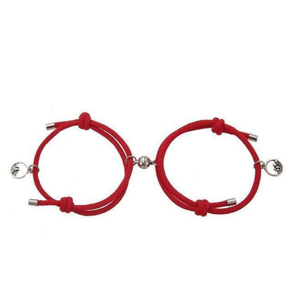 Magnetic attraction bracelet set, red braided cord bracelets with silver round heart charms