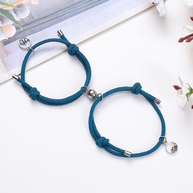 Magnetic attraction bracelet set, teal braided cord with silver tube ends and heart charms