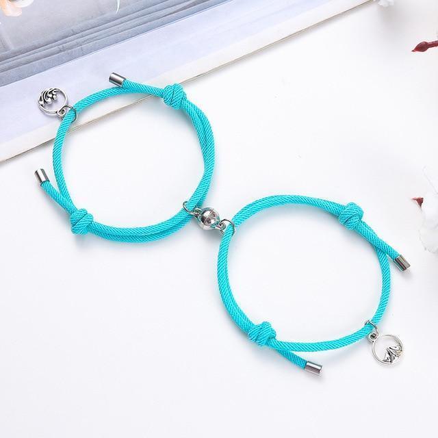 Magnetic attraction bracelet set, turquoise braided cord with silver tube ends and heart charms