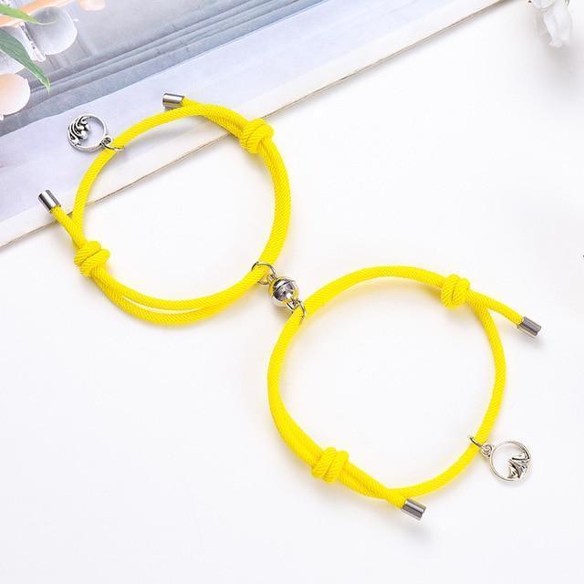 Magnetic attraction bracelet set, yellow braided cord bracelets with silver heart charm and ends