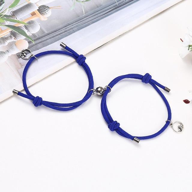 Magnetic attraction bracelet set, royal blue braided cord bracelets with silver charm ends
