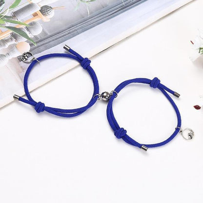 Magnetic attraction bracelet set, royal blue braided cord bracelets with silver charm ends