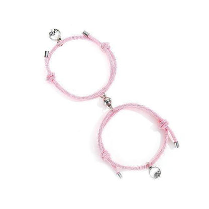 Magnetic attraction bracelet set, pink braided cords with silver heart and charm ends