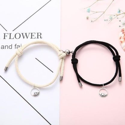 Magnetic attraction bracelet set, beige and black braided cords with silver tube ends and heart charms