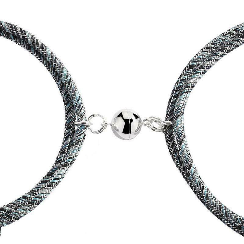 Magnetic attraction bracelet set, dark braided cords with round charm bead and clasp