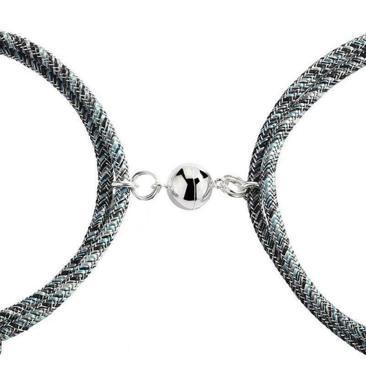 Magnetic attraction bracelet set, dark braided cords with round charm bead and clasp