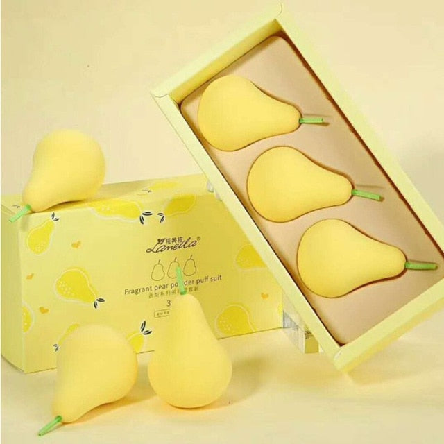 Pear-shaped makeup sponge set, three light-yellow sponges with green stems