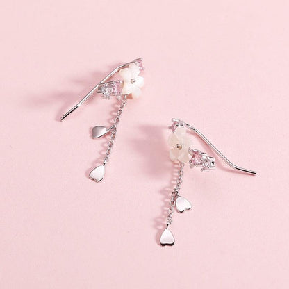 Cherry blossom drop earrings with silver hooks, pink crystals, and hanging heart charms