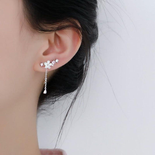 Cherry blossom drop earrings with pink and clear flower studs and long dangling charm