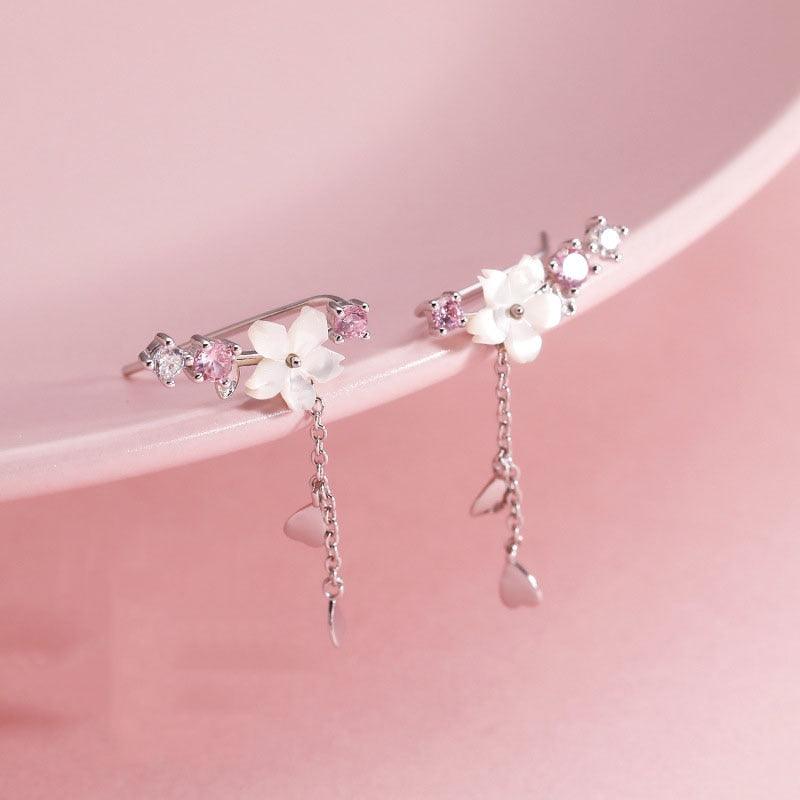 Cherry blossom drop earrings with pink crystal flower tops and dangling heart teardrop charms