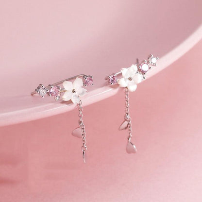 Cherry blossom drop earrings with pink crystal flower tops and dangling heart teardrop charms