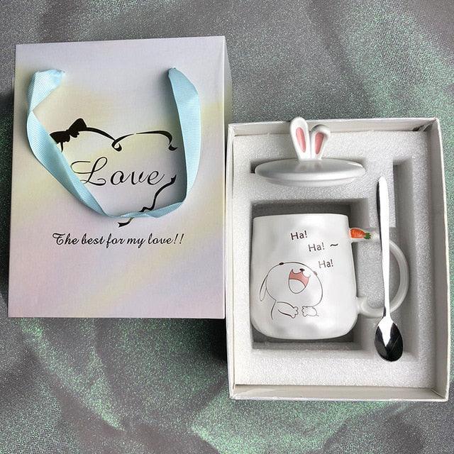 Gift box set with ceramic bunny mug: rabbit saying 'Ha! Ha! Ha!'.