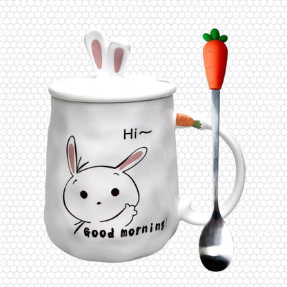 White ceramic bunny mug: 'Hi~' and 'Good mornings!' rabbit face with pink ears.