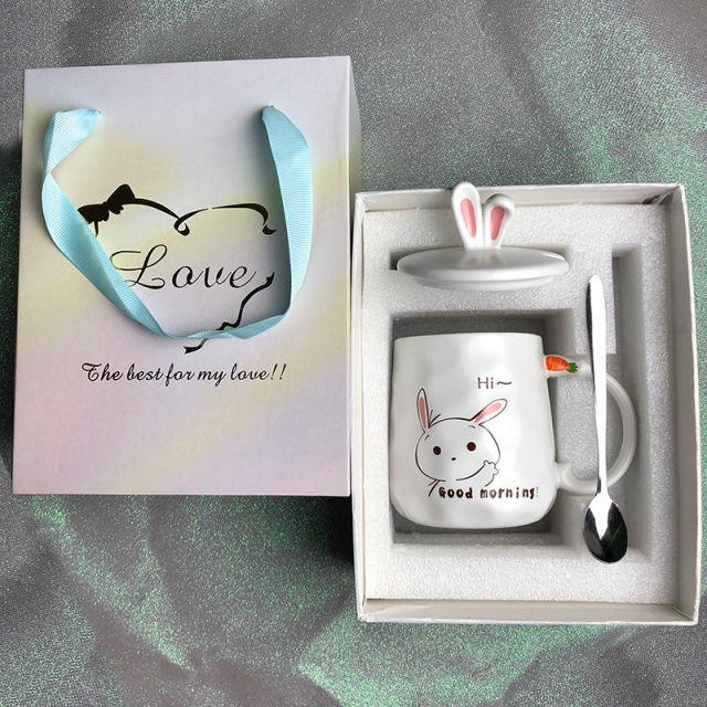 Gift box set with ceramic bunny mug: 'Good mornings!' rabbit face with pink ears.