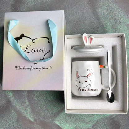 Gift box set with ceramic bunny mug: 'Good mornings!' rabbit face with pink ears.