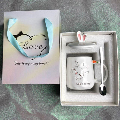 Gift box set with ceramic bunny mug: rabbit design and 'Look at me!' text.